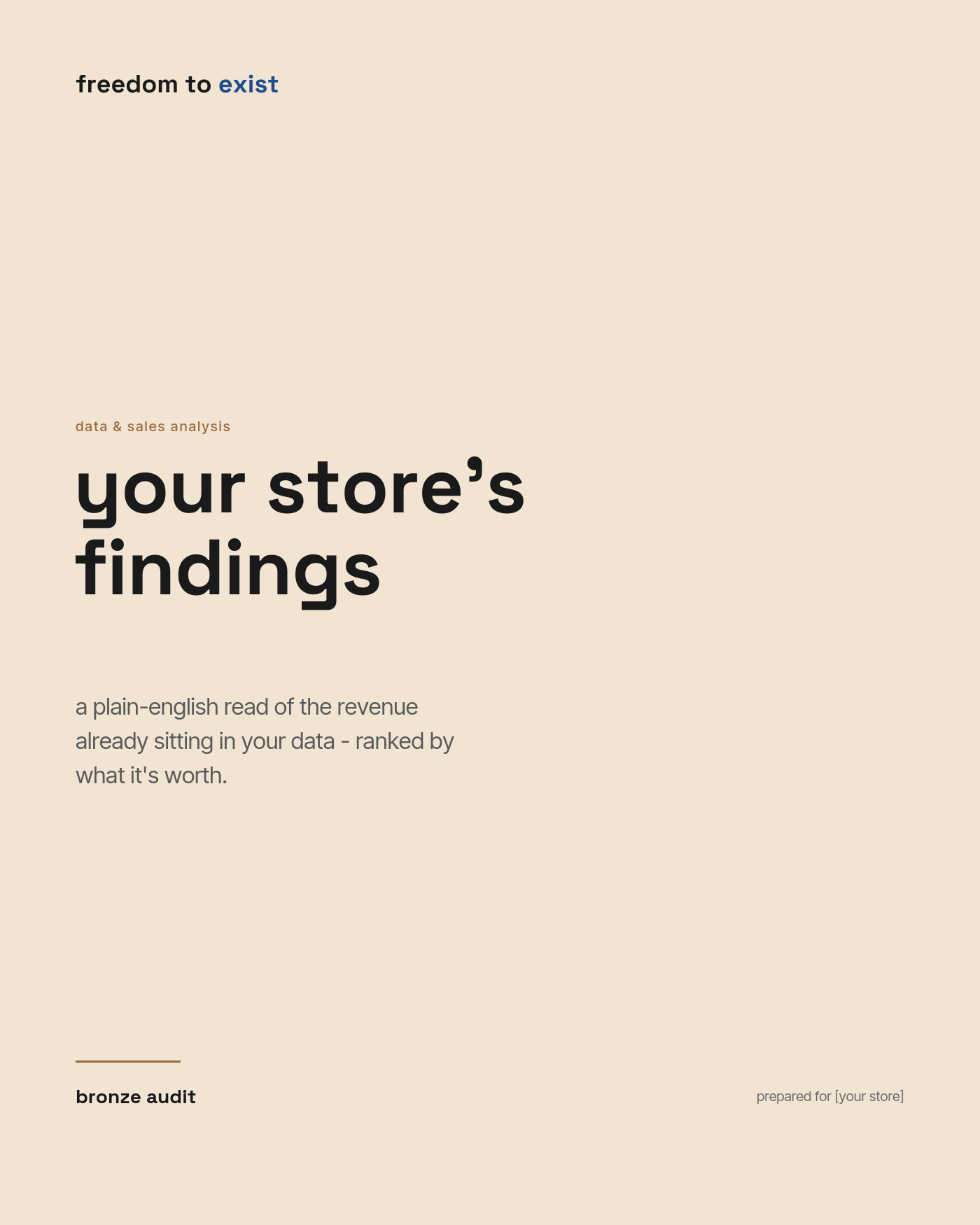 bronze audit report cover - "your findings + site review", a data and sales analysis report by freedom to exist