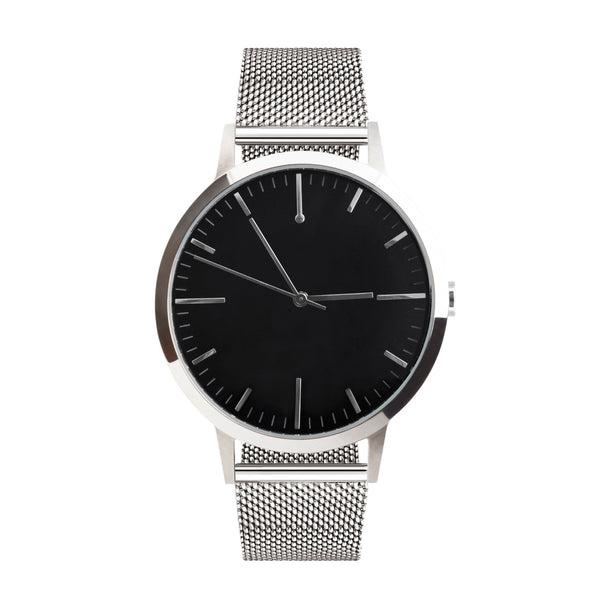 40mm Mens Silver Watch with Black dial - Silver Milanese Mesh strap