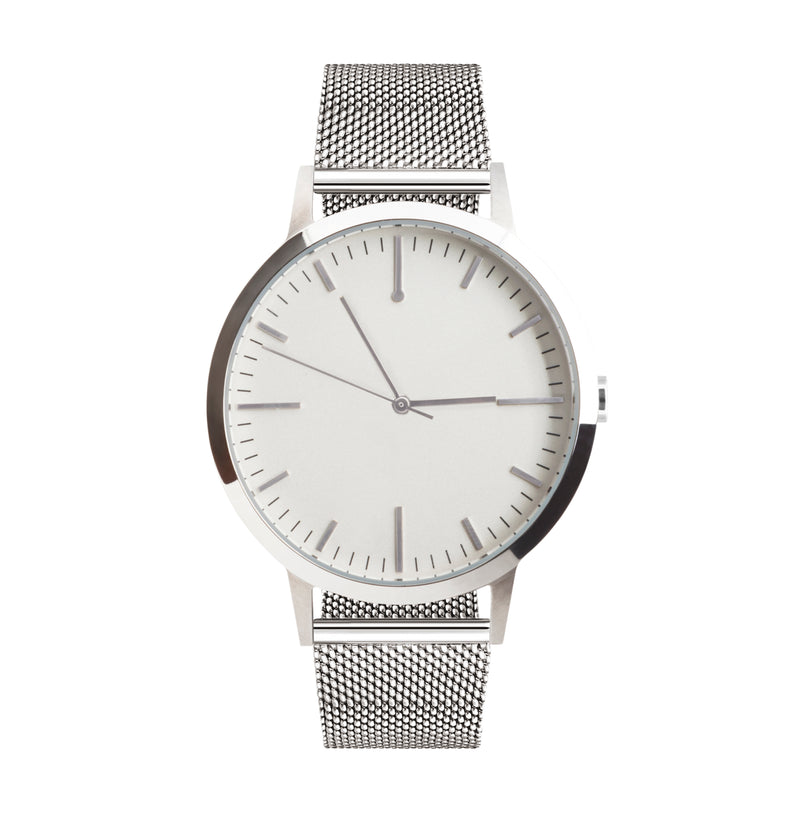 40mm Mens Silver Watch with white dial - Silver Milanese Mesh strap