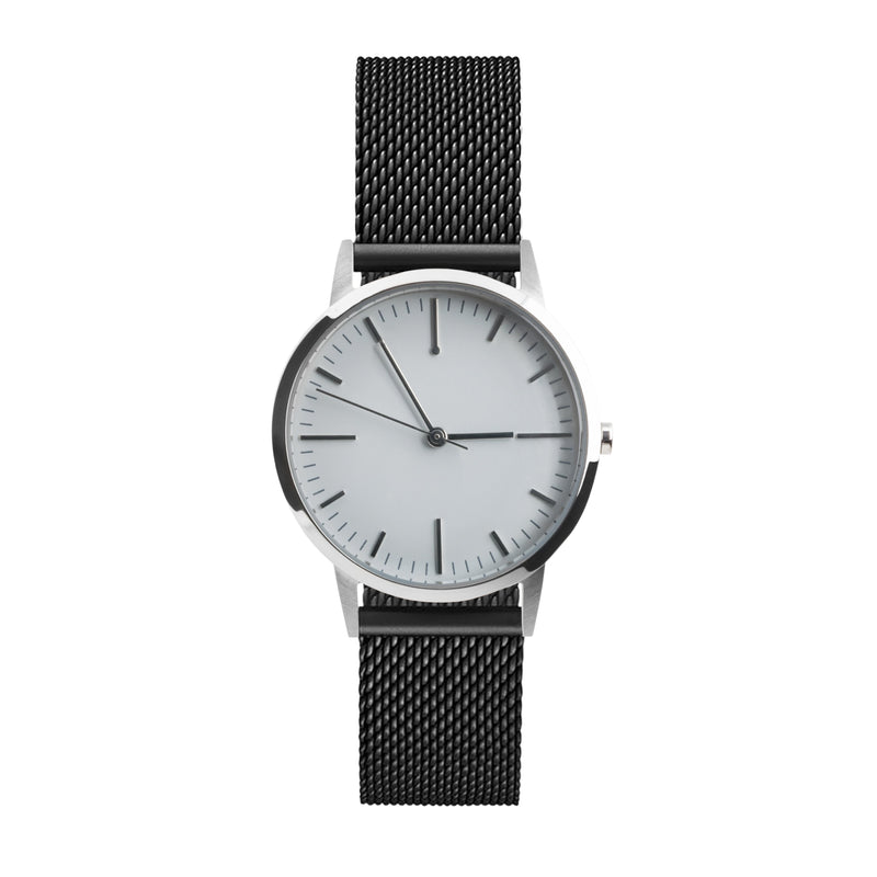Silver and grey simple dial watch with black mesh strap - Freedom To Exist