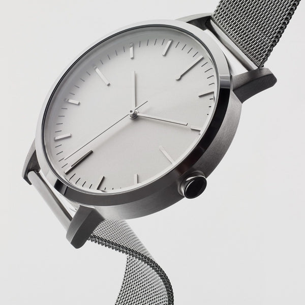 40mm Mens Silver Watch with white dial - Silver Milanese Mesh strap