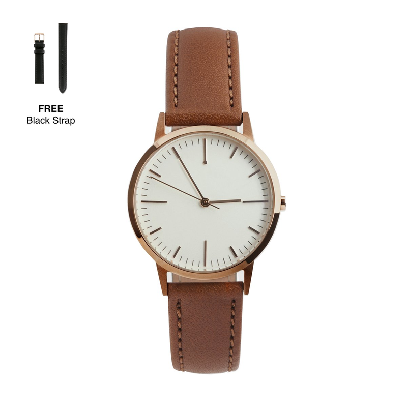 Rose Gold & Tan 30mm watch with extra Black quick release 15mm strap by Freedom To Exist