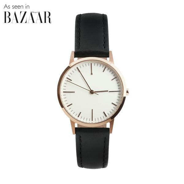 Rose Gold & Black Leather Watch - petite Womens / Ladies Minimalist Vintage Watch / Timepiece 