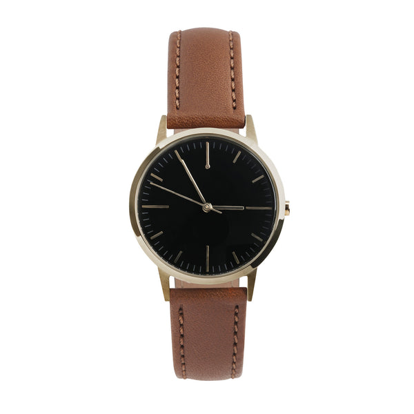 Gold, Black Dial & Tan Leather Watch - Womens / Ladies Minimalist Vintage Watch / Under £100